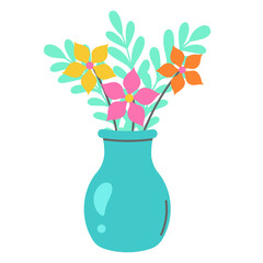 Cheerful bouquet of colorful flowers in a vibrant blue vase, perfect for spring or summer themed designs.