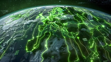 top-down view of Earth from space with glowing circuit patterns spreading over continents, digital future concept
