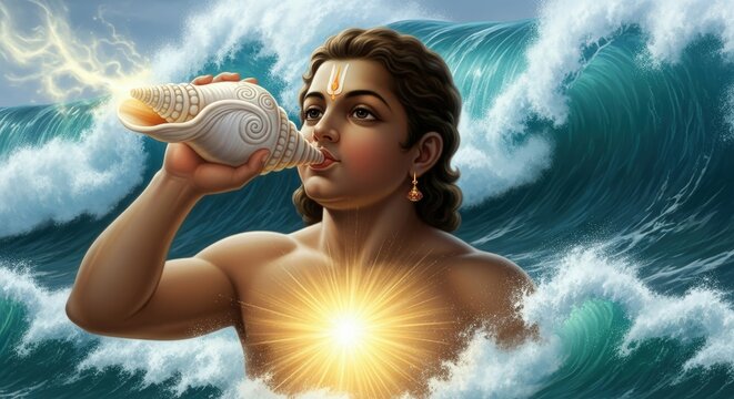 Vishnu holding conch shell blowing shankha hindu god ocean waves divine light