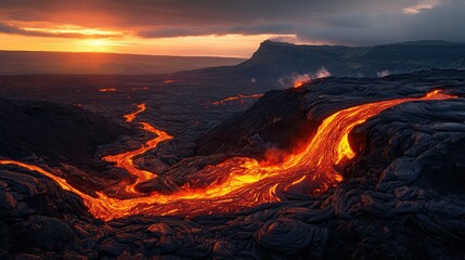 Fototapeta premium Molten Lava Stream Cutting Through Volcanic Rock at Sunset