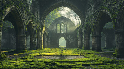 Obraz premium Ancient abbey ruins with moss covered arches and sunlight filtering through trees create serene