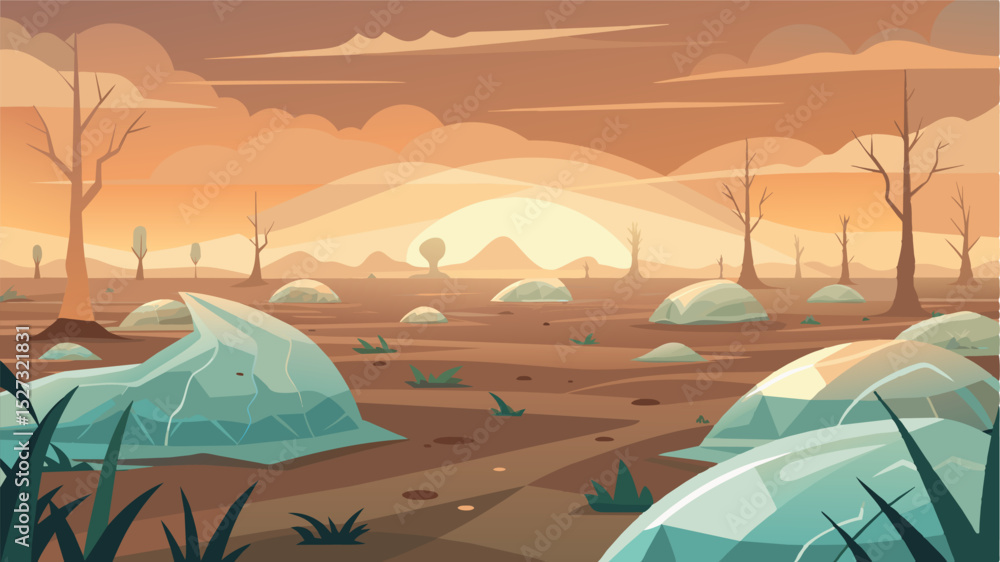 Aufkleber a desolate landscape of wilted crops cloaked in a hazy layer of translucent plastic mirroring the fa