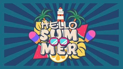 Colorful 4K animated summer intro with bold “Hello Summer” text, tropical elements like palm trees, watermelon, popsicles, and sunglasses, ideal for holiday promos, vlogs, and summer ads.