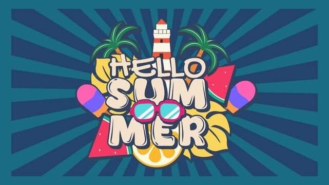 Colorful 4K animated summer intro with bold “Hello Summer” text, tropical elements like palm trees, watermelon, popsicles, and sunglasses, ideal for holiday promos, vlogs, and summer ads.
