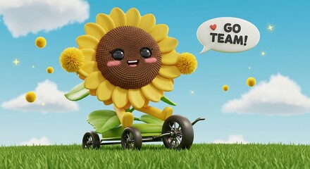 Cheerful Sunflower Character Riding a Cart in a Sunny Meadow