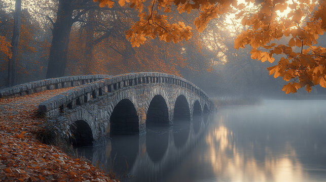 serene ancient stone bridge with worn parapets over misty river, surrounded by autumn leaves