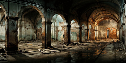 Fototapeta premium Abandoned historical building interior with arched columns and decaying walls. Derelict structure shows exposed brick, broken wood, and vaulted ceilings in muted earthy tones.