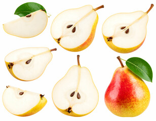 Juicy Pears A Collection of Sliced and Whole Pears Isolated on White Background
