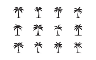 Set of black palm or coconut tree silhouettes showing different artistic styles and variations. Perfect for summer, beach, vacation, tropical themes, and nature-related concepts.
