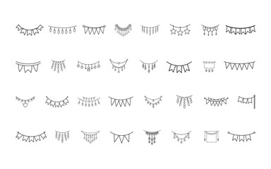 A set of black-and-white minimalist vector icon garland illustrations featuring various shapes and festive patterns. Perfect for holiday designs, invitations, and creative graphic decoration.
