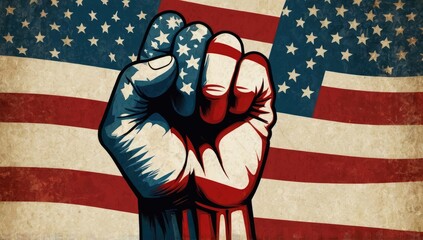 Artistic Illustration of Raised Fist Symbolizing Solidarity and Strength for Labor Day with American Flag Colors