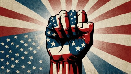 Artistic Illustration of Raised Fist Symbolizing Solidarity and Strength for Labor Day with American Flag Colors