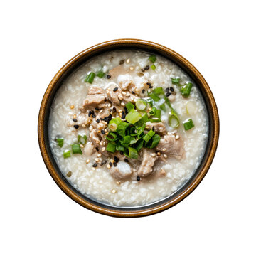 Delicious Pork Congee in a Brown Bowl, Overhead Shot
