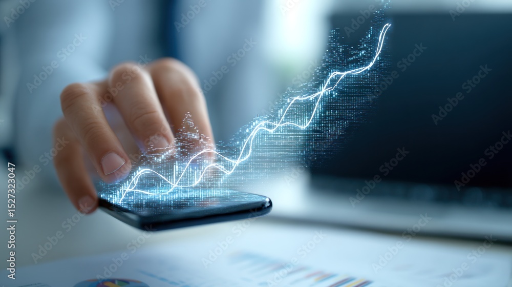 Poster person holding smartphone displaying a glowing line graph with a laptop in the background on a desk