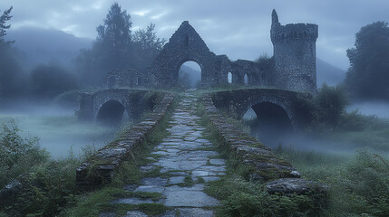 mystical arched bridge leads to ruined abbey shrouded in twilight mist
