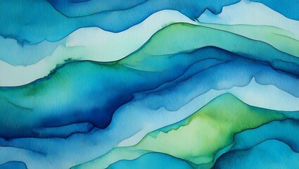 Abstract watercolor landscape painting of rolling blue and green hills on textured paper