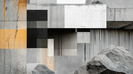 Abstract concrete building facade with large blocks and patches of color