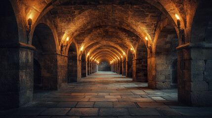 Fototapeta premium warm, inviting arched stone hallway illuminated by flickering torches creates mystical