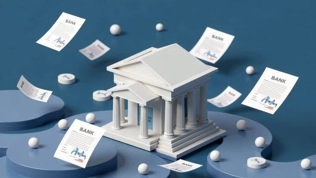 A white bank building model with columns surrounded by floating bank documents and spheres on a blue background.