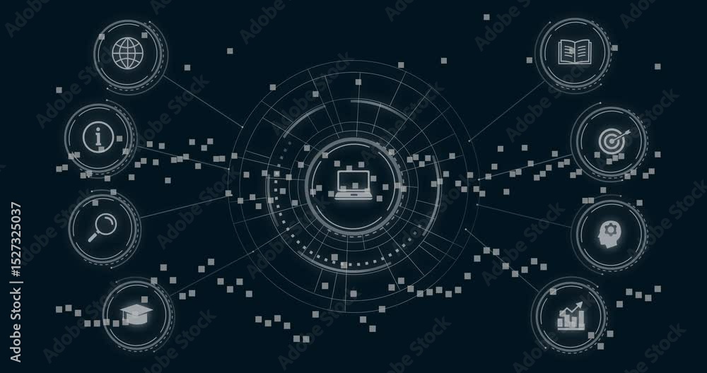 Poster grid fading on navy backdrop initiating rings hud spawning laptop linking nodes streaming data