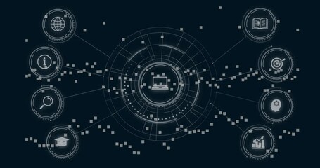 Grid fading on navy backdrop initiating rings HUD spawning laptop linking nodes streaming data - Powered by Adobe