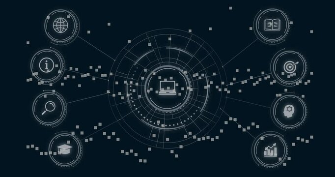 Grid fading on navy backdrop initiating rings HUD spawning laptop linking nodes streaming data