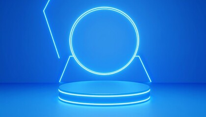 Glowing neon blue circle and platform, futuristic display stand.