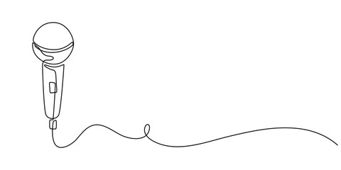 Continuous line art drawing of hand holding microphone. Hand holds mic in one line drawing illustration. Editable stroke, Exclusive Interview Continuous Line Editable Stroke Line, News microphone.