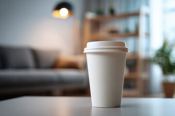 A white disposable coffee cup sits on a light gray table in a softly lit living room.  The background is blurred, showing a couch, shelving unit, and plant
