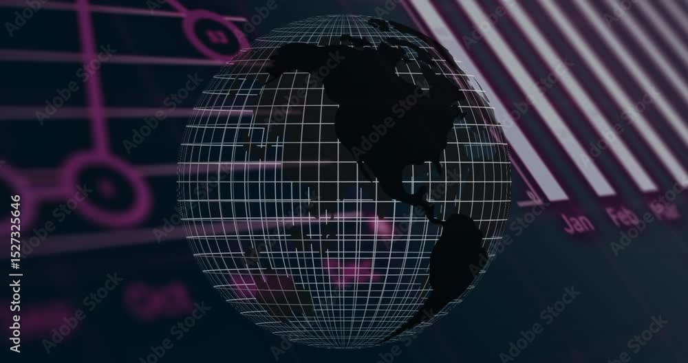 Poster upon launch, grid globe rotating east as code fading and charts sliding, emerging, visualizing data