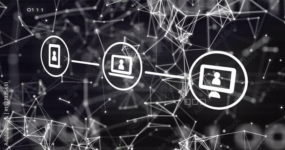 Poster at start device icons appearing, line connecting icons extending, network pulsing for connectivity