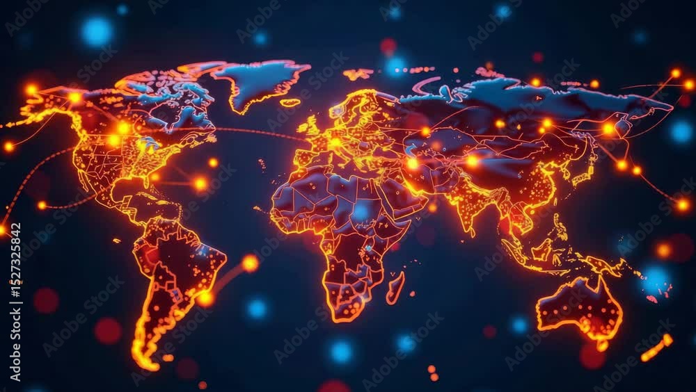 Poster a glowing digital world map with highlighted connections representing global data networks and cyber