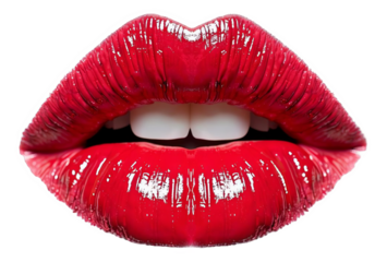 Sexy red lips on transparent background with glossy makeup, cosmetic beauty and fashion allure.