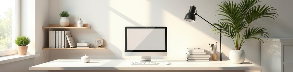 Bright minimalist office Desk, shelves, natural light , elegant, design, commercial