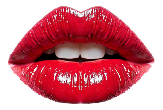Sexy red lips on transparent background with glossy makeup, cosmetic beauty and fashion allure.