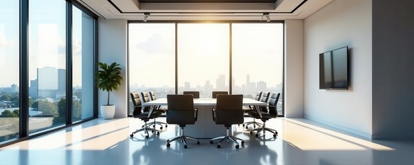 Bright modern conference room, large windows, minimalist design, design, meeting, modern office
