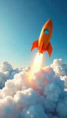 Bright orange rocket ascends, growth graph soaring amidst fluffy white clouds , orange, flight, power