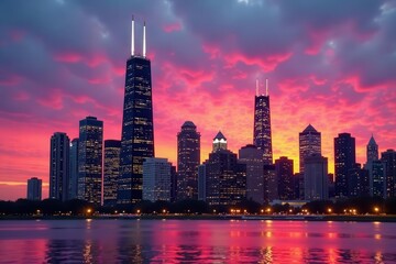 Chicago's iconic skyscrapers ablaze with sunset hues , dark sky, skyscraper, city