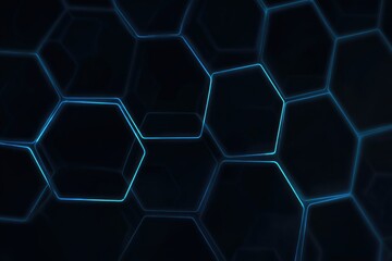 An abstract image featuring a network of glowing blue hexagons on a dark background.  The hexagons are interconnected, creating a complex, almost three-dimensional effect