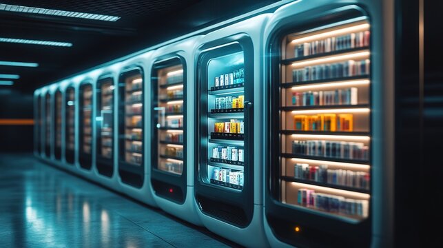 Futuristic Seamless Vending Machine Displaying Various Products in an Interior Space