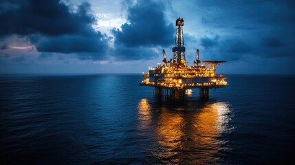 Dramatic Night Offshore Oil Rig Structure in a Vast Ocean Scenery
