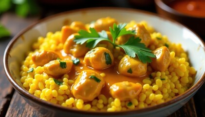 Creamy butter chicken simmering in a balti, fresh cilantro topping , Indian cuisine, aromatic, curry