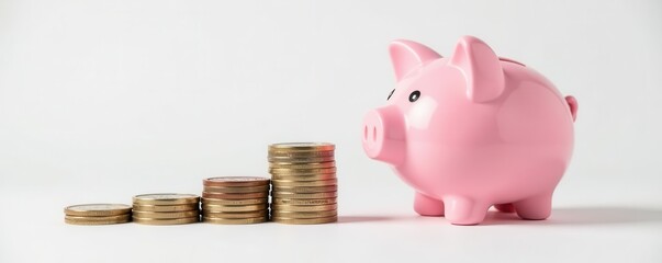 Cute pink piggy bank & ascending coin piles on white background , monetary growth, piggy bank, pink