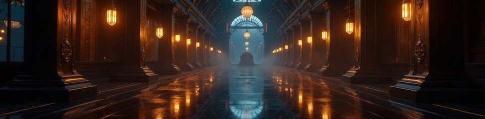 Dark futuristic space, illuminated hanging lamps, golden details, reflective surface, lines, elegant, shadow