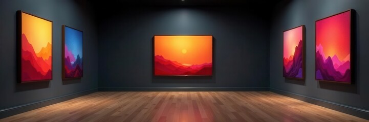 Dark walls, wood floor, minimalist gallery lighting, display, wood grain, shadow