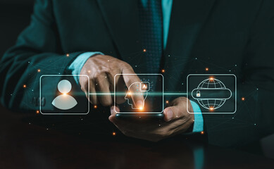 Humans use AI in their work to help maximize efficiency. Human command through Ai technology to connection to the world wide web or social media. Artificial intelligence technology of the future.