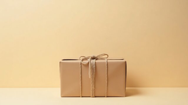 A brown paper package tied up with string on a beige surface and background
