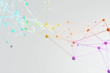 An abstract image featuring a network of interconnected colorful nodes and thin lines against a light gray background, creating a sense of depth and movement