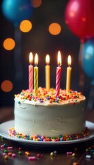 Delicious birthday cake with lit candles and rainbow sprinkles, soft-focus balloon bokeh, graphic, dessert, sprinkles