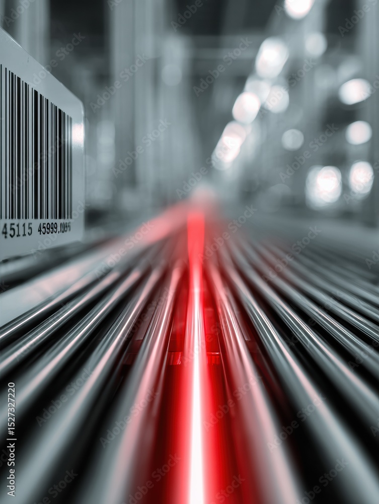 Poster Blurred Barcode Scanner Failure With Red Laser Line Illuminating Rails in Industrial Warehouse Setting